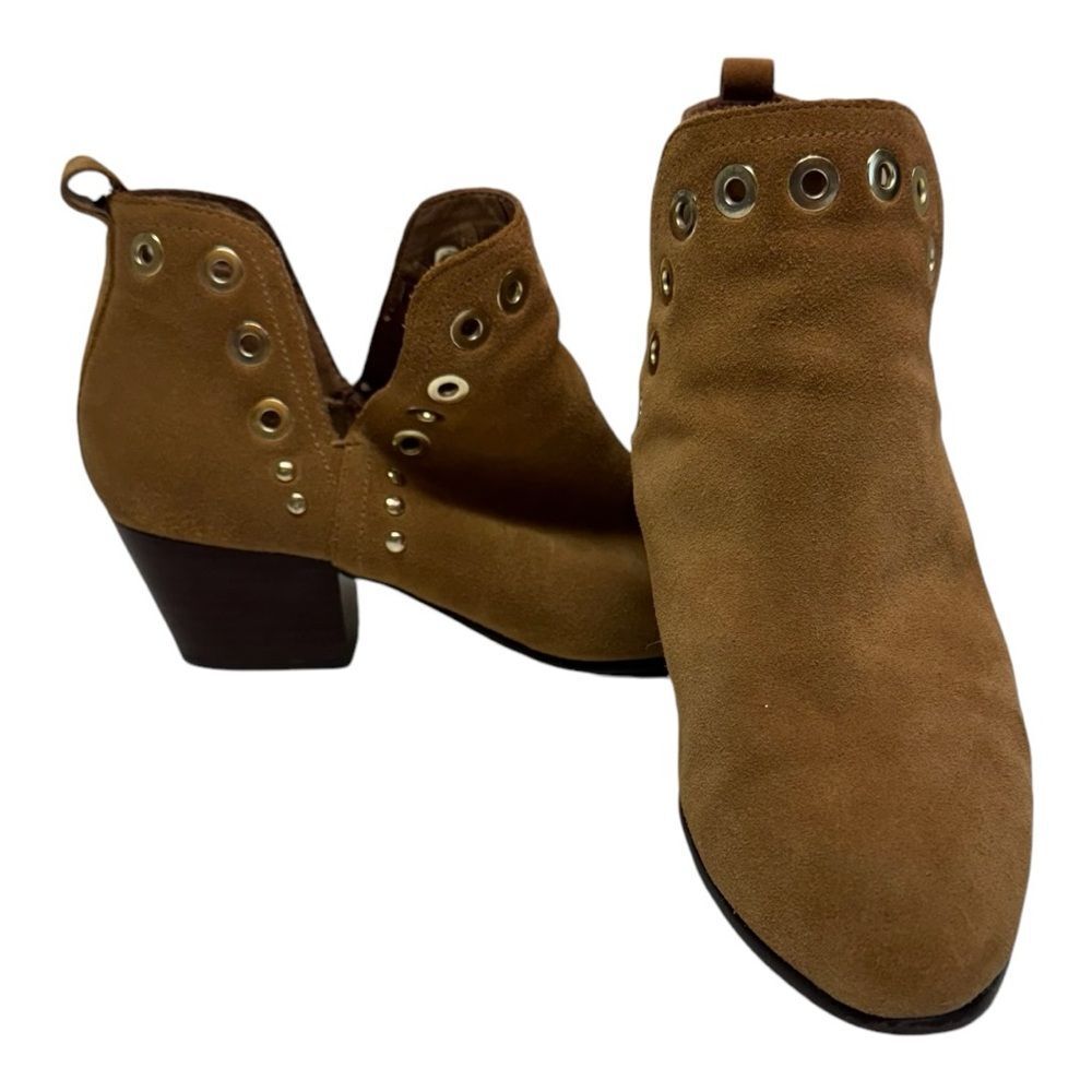 Sam Edelmon Tan Suede Cutout Ankle Boots Women Sz 8 M Gold Studs Block Heel